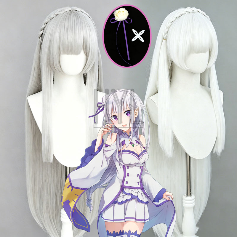 Cosplay Anime White Hair - Peruca de cosplay anime re:zero emilia,